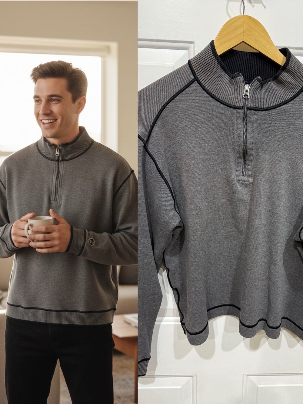 Cutter & Buck Men’s Small Gray Quarter Zip Cotton Sweater Black Contrast Stitch